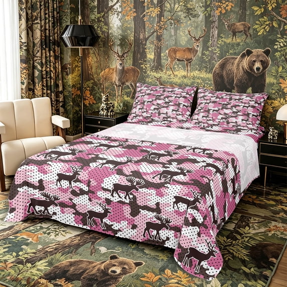 Castle Fairy Abstract Camo Moose Deer Bed Sheets 4-Piece,Jungle Animal Polka Dots Full Size Sheets,Hot Pink Brown,1 Fitted Sheet, 1 Flat Sheet and 2 Pillowcases