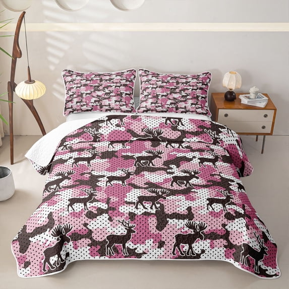 Castle Fairy Abstract Camo Moose Deer Bed Spread Queen,Jungle Animal Polka Dots Queen Coverlet Set,Hot Pink Brown
