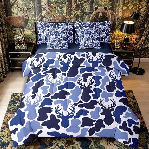 Castle Fairy Abstract Camo Wildlife King Bedding 7pcs,Jungle Deer King Bed in a Bag,Navy Light Blue White,Navy Blue Reversible