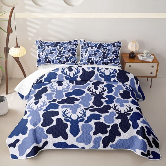 Castle Fairy Abstract Camo Wildlife Quilt King,Jungle Deer King Coverlet Set,Navy Light Blue White