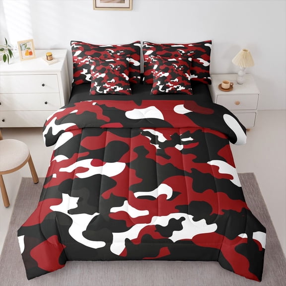 Castle Fairy Abstract Camouflage Bedding Comforter Set 7-Piece for Boys Girls,Geometric Camo King Bedding Sets,Black Red White Ultra Soft Bed Sheets,Ultra Soft Home Decor,Reversible