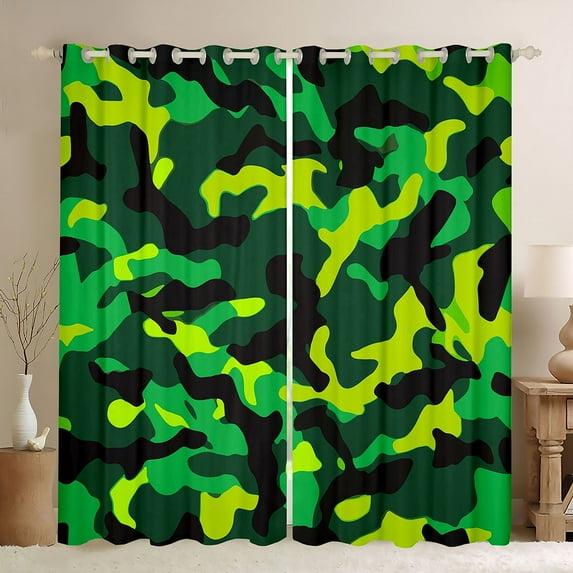 Castle Fairy Abstract Camouflage Curtains Pack of 2 (42x84 Each) for Boys Girls,Geometric Camo Curtains Blackout,Green Black Yellow Bedroom Curtains,Ultra Soft Home Decor