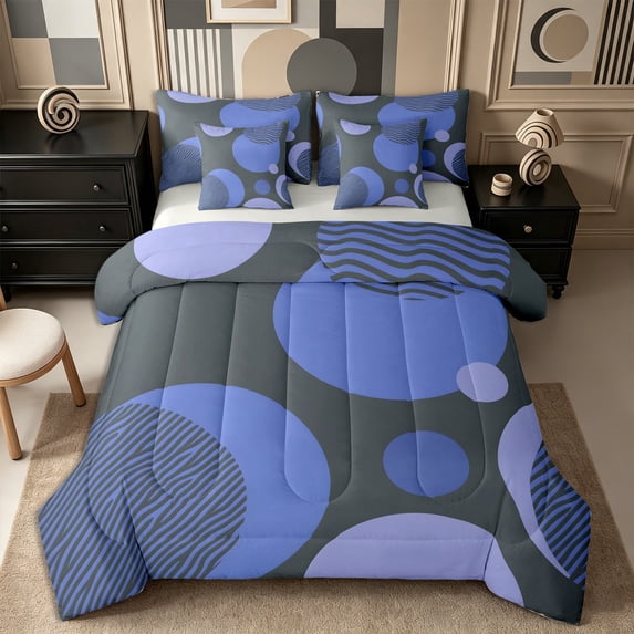 Castle Fairy Abstract Circular Shape King Bedding 7pcs,Minimalist Wave Circle King Bed in a Bag,Slate Lavender,Reversible