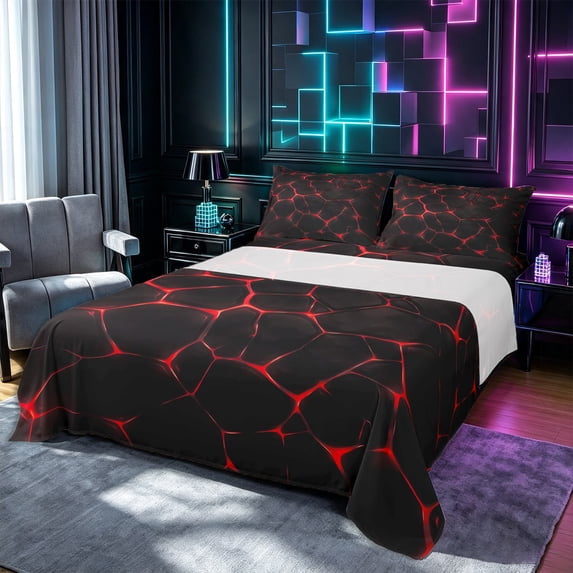 Castle Fairy Abstract Crack Texture King Sheets 4pcs,Minimalist Luminous Vein Bedding,Black Red,1 Flat Sheet, 1 Fitted Sheet and 2 Pillowcases