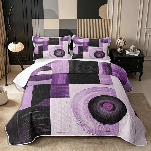 Castle Fairy Abstract Curved Circle Quilt King 3 Pieces,Geometric Square Block King Coverlet Set,Lavender Violet Black,1 Bedspread and 2 Pillowcases