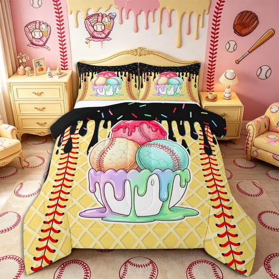 Castle Fairy Abstract Dreamy Baseball Full Size Comforter Sets 3-Piece, Colorful Ice Cream Drip Bedding Comforter Set, Black Yellow Purple,Black Reversible,1 Comforter and 2 Pillowcases