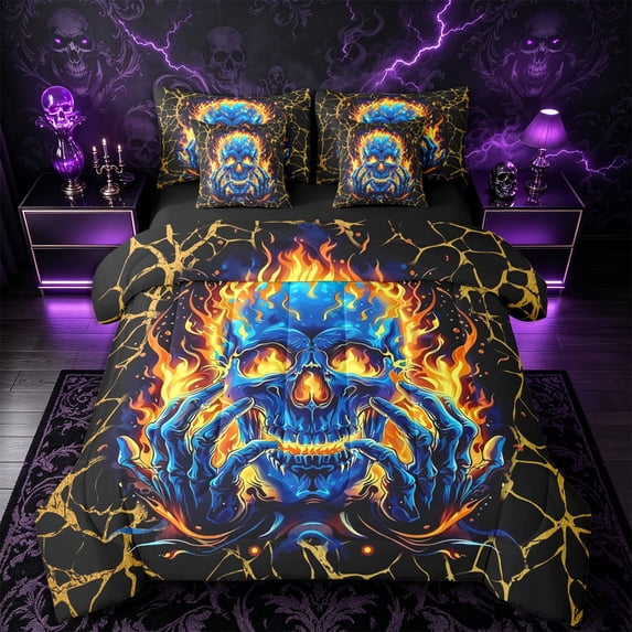 Castle Fairy Abstract Flame Skull 7-Piece Twin Bedding,Happy Halloween Bedding Comforter Set,Orange Black,Black Reversible