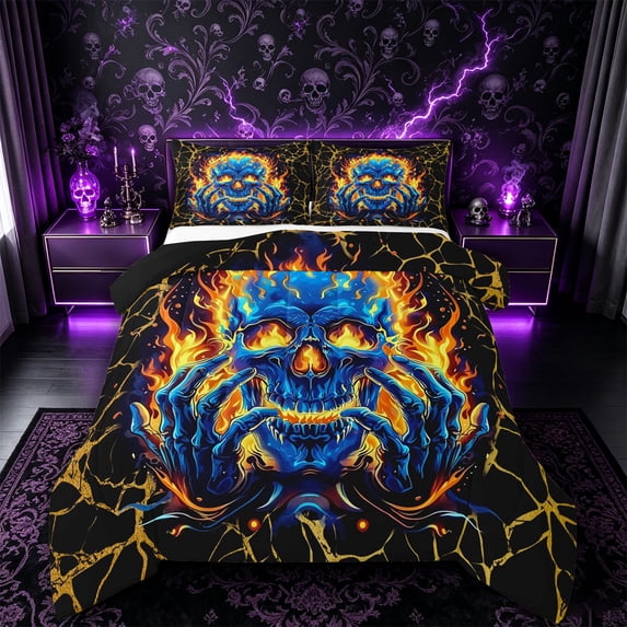 Castle Fairy Abstract Flame Skull Full Size Comforter Sets 3-Piece,Happy Halloween Bedding Comforter Set,Orange Blacks,1 Comforter and 2 Pillowcases,Black Reversible
