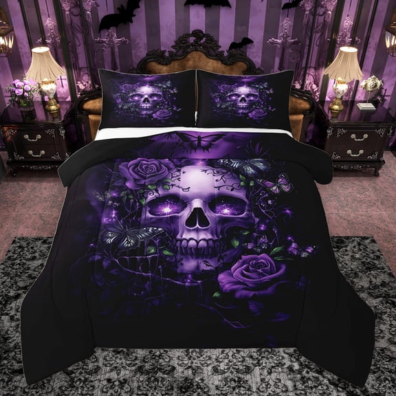Castle Fairy Abstract Floral Skull 3 Pieces Queen Comforter Set for Teens Adults,Gothic Style Ultra Soft Bedding Sets,Chic Flowers Butterflies Bedding Comforter Set Breathable,Super Cozy Room Decor