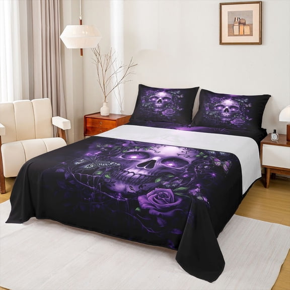 Castle Fairy Abstract Floral Skull 4 Pieces Queen Sheet Sets for Teens Adults,Gothic Style Ultra Soft Flat Sheet,Chic Flowers Butterflies Queen Fitted Sheet,Super Cozy Room Decor