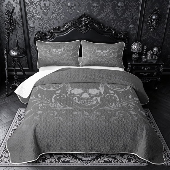 Castle Fairy Abstract Floral Skull Bed Spread Queen,Gothic Victorian Flowers Queen Coverlet Set,Slate Gray