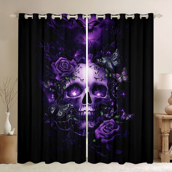 Castle Fairy Abstract Floral Skull Black Out Curtains for Teens Adults,Gothic Style Curtains Pack of 2 (42x63 Each),Chic Flowers Butterflies Bedroom Curtains,Super Cozy Room Decor