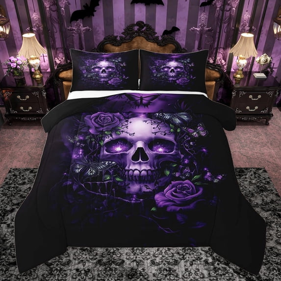 Castle Fairy Abstract Floral Skull 3-Piece Full Size Comforter Set, Gothic Style, Chic Flowers Butterflies