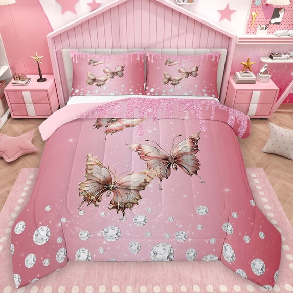 Castle Fairy Abstract Flying Butterflies 3 Pieces Queen Comforter Set for Adults Female Men,Crystal Bling Glitter Ultra Soft Bedding Sets,Graffiti Splash Bedding Comforter Set Breathable