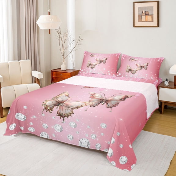 Castle Fairy Abstract Flying Butterflies Twin Sheet Sets 3pcs for Adults Female Men,Crystal Bling Glitter Twin Fitted Sheet Microfiber,Graffiti Splash Breathable Flat Sheet,Ultra Soft Home Decor