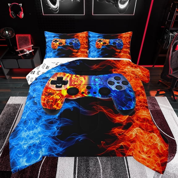 Castle Fairy Abstract Game Controller Boy Girl Bedding Comforter Set 2pcs,Gradient Teens Game Gamepads Twin Comforter Sets Microfiber,Blue Orange Red Ombre Breathable Bedding Set