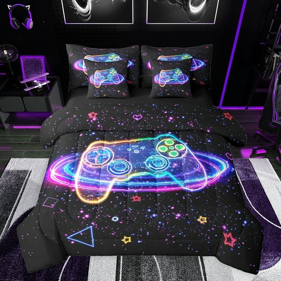 Castle Fairy Abstract Game Controller Boy Girl Twin Bedding Sets 7-Piece,Gradient Teens Game Gamepads Bedding Comforter Set Microfiber,Cosmos Starry Sky Breathable Sheet Sets,Ultra Soft Home Decor
