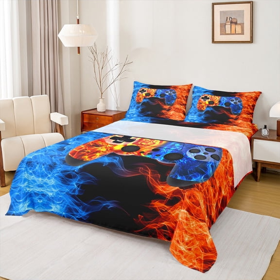 Castle Fairy Abstract Game Controller Boy Girl Twin Sheet Sets 3pcs,Gradient Teens Game Gamepads Twin Fitted Sheet Microfiber,Blue Orange Red Ombre Breathable Flat Sheet,Ultra Soft Home Decor