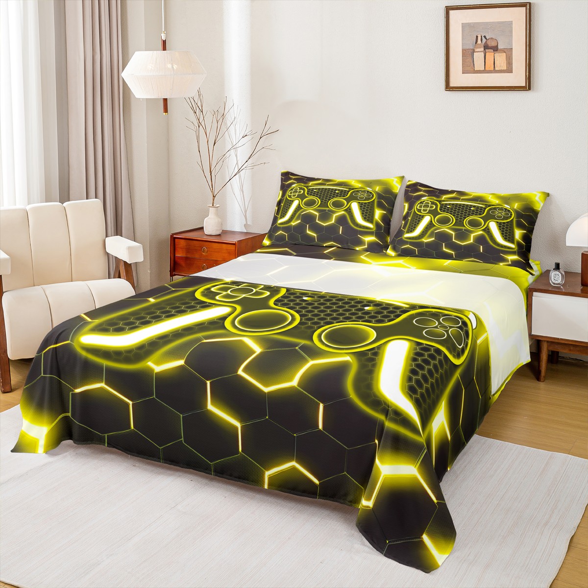Abstract Sheet Set Castle Fairy Abstract Gamepads 4pcs Bed Sheets,Black Yellow King Sheets ...