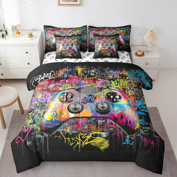 Castle Fairy Abstract Gamepads Bedding Comforter Set,Graffiti Splash Full Bedding Set