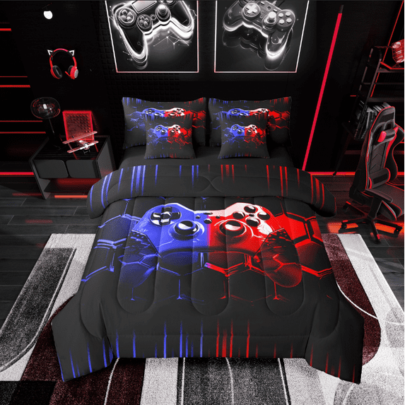 Castle Fairy Abstract Gamepads Boy 7 Pieces Bedding Comforter Set,Video Game Full Bedding Set Lightweight,Geometric Honeycomb Stripes Fitted Sheet Flat Sheet,Luxury Bedroom Decor