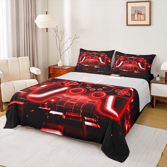 Castle Fairy Abstract Gamer 4pcs Bed Sheets,Black Red King Sheets,Geometric Plaid Super Cozy Sheet Set,Ultra Soft Futuristic Cubes Home Decor