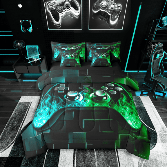 Castle Fairy Abstract Gamer 7-Piece Twin Bedding Sets,Green Teal Bedding Comforter Set,Geometric Plaid Breathable Sheet Sets,Ultra Soft Futuristic Cubes Home Decor,Reversible