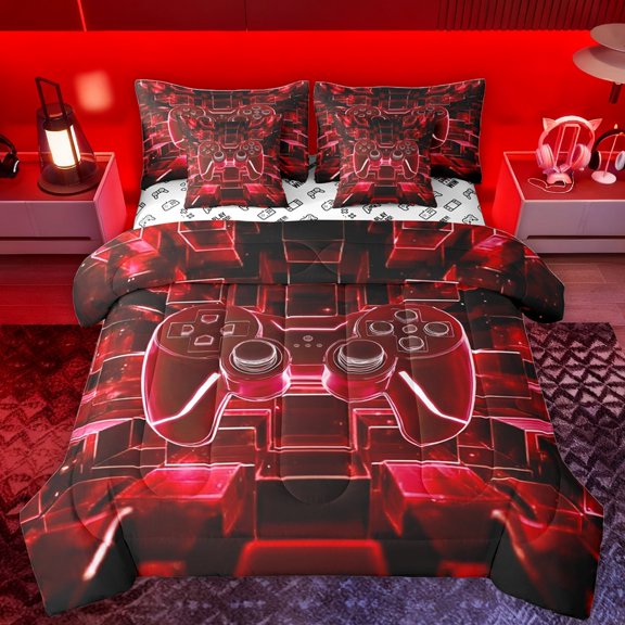Castle Fairy Abstract Gamer Bedding Comforter Set 7 Pieces for Children Teens,Geometric Plaid Full Bedding Set Lightweight,Futuristic Cubes Gamepads Fitted Sheet Flat Sheet,Super Cozy Room Decor