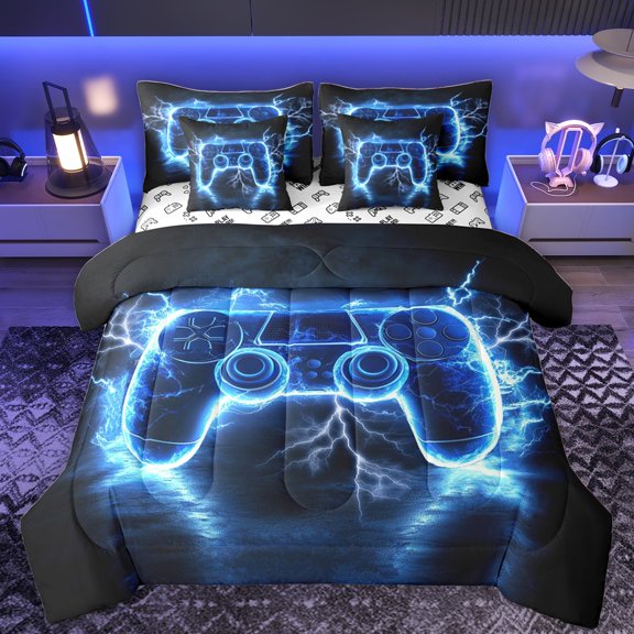 Castle Fairy Abstract Gamer Bedding Comforter Set 7pcs for Children Teens,Blue Lightning Queen Bedding Sets Super Cozy,Gradient Gamepads Queen Sheet Sets,Super Cozy Room Decor,Reversible