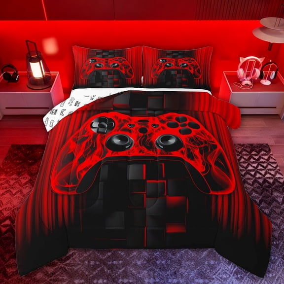 Castle Fairy Abstract Gamer Full Size Comforter Sets,Stripes Futuristic Cubes Bedding Sets