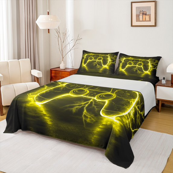 Castle Fairy Abstract Gamer Full Size Sheets 4-Piece for Children Teens,Yellow Lightning Breathable Bed Sheets,Gradient Gamepads Lightweight Sheet Sets,Super Cozy Room Decor