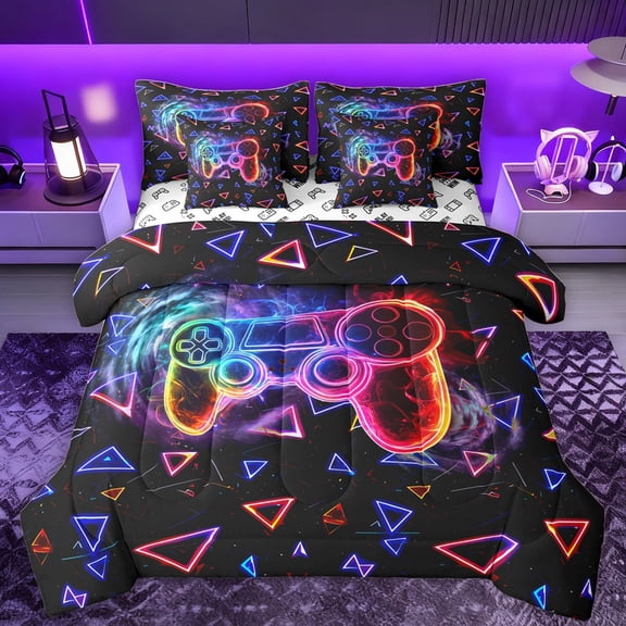 Castle Fairy Abstract Gamer Twin Bedding Sets 7-Piece for Female Men,Gradient Ombre Gamepads Bedding Comforter Set Microfiber,Video Game Breathable Sheet Sets,Breathable Home Decor,Reversible