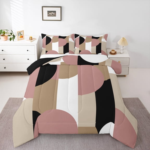 Castle Fairy Abstract Geometric 3 Pieces Queen Comforter Set for Women Men,Black Pink Brown Ultra Soft Bedding Sets,Vintage Aesthetic Bedding Comforter Set,Ultra Soft Home Decor