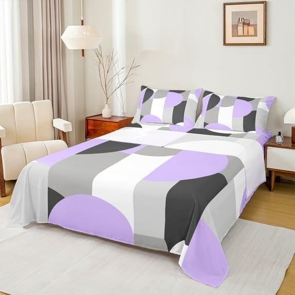 Castle Fairy Abstract Geometric 4Pcs Bed Sheets for Women Men,Black Grey Purple King Sheets,Vintage Aesthetic Super Cozy Sheet Set,Ultra Soft Home Decor