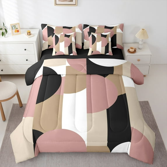 Castle Fairy Abstract Geometric 7 Pieces Bedding Comforter Set for Women Men,Black Pink Brown Full Bedding Set Lightweight,Vintage Aesthetic Fitted Sheet Flat Sheet,Ultra Soft Home Decor