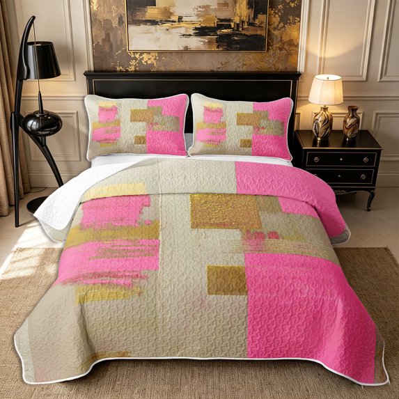 Castle Fairy Abstract Geometric Plaid Bed Spread Queen 3pcs,Mid Century Embossed Square Queen Coverlet Set,Hot Pink Ivory,1 Quilt and 2 Pillowcases