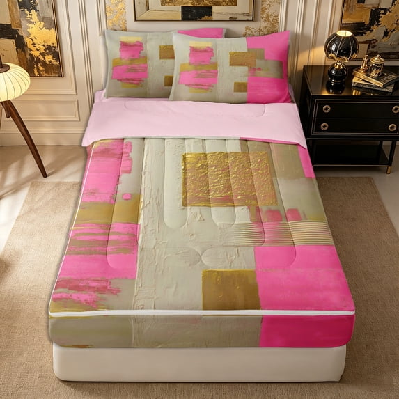 Castle Fairy Abstract Geometric Plaid Zipper Twin Comforter Sets with Fitted Sheet and 2 Pillowcases,Mid Century Embossed Square Zipper Bedding Set,Hot Pink Ivory,Reversible
