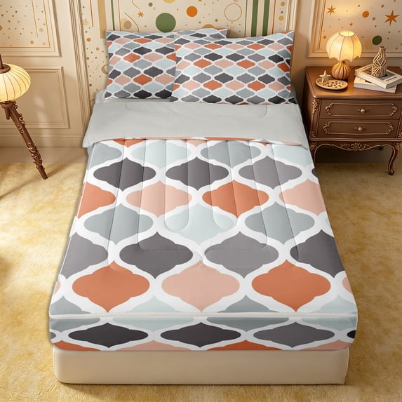 Castle Fairy Abstract Geometric Quatrefoil Zipper Queen Comforter Set with Fitted Sheet and 2 Pillowcases,Mid Century Grid Motif Zipper Bedding Set,Terracotta Gray Mint,Reversible