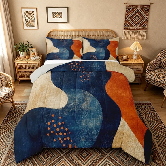 Castle Fairy Abstract Geometric Queen Comforter Set 3pcs for Adults, Textured Art Bedding Comforter Set for Bedroom, Navy Orange,Grey Reversible