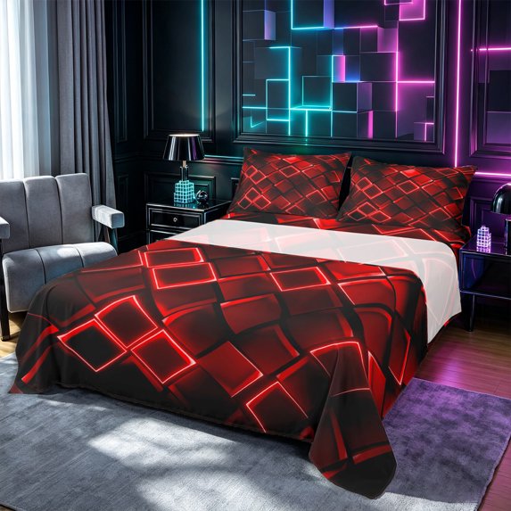 Castle Fairy Abstract Glowing Cube King Sheets 4pcs,Minimalism Neon Geometric Bedding,Red Black,1 Flat Sheet, 1 Fitted Sheet and 2 Pillowcases