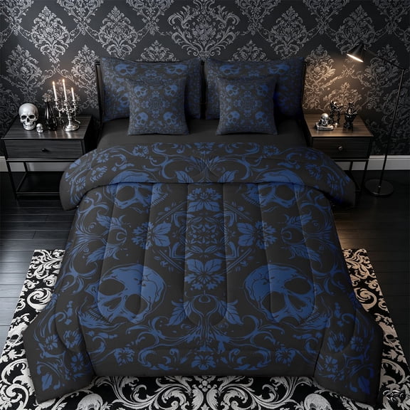 Castle Fairy Abstract Gothic Skull Full Size Bedding Sets 7 Pieces,Bohemian Floral Damask Full Size Bed in a Bag,Black Navy,Black Reversible