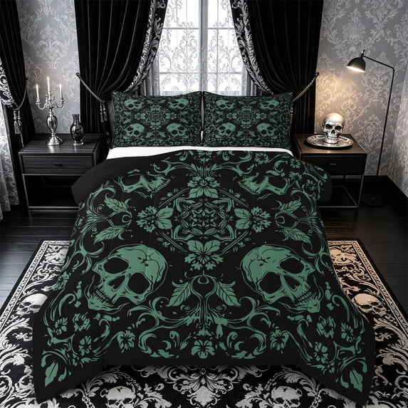 Castle Fairy Abstract Gothic Skull Queen Comforter Set 3 Pieces,Boho Flower Damask Comforter Sets Queen,Black Sages,1 Comforter and 2 Pillowcases,Black Reversible