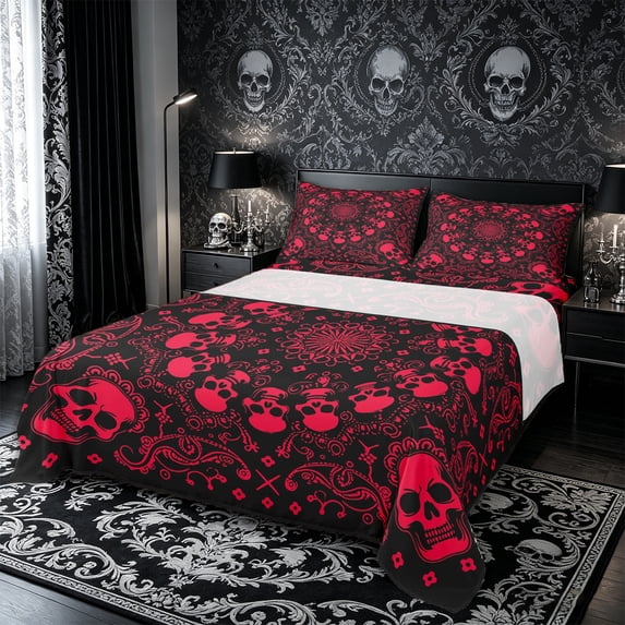 Castle Fairy Abstract Gothic Skull Queen Sheets 4 Pieces,Boho Floral Damask Queen Sheet Sets,Black Red,1 Fitted Sheet,1 Flat Sheet and 2 Pillowcases