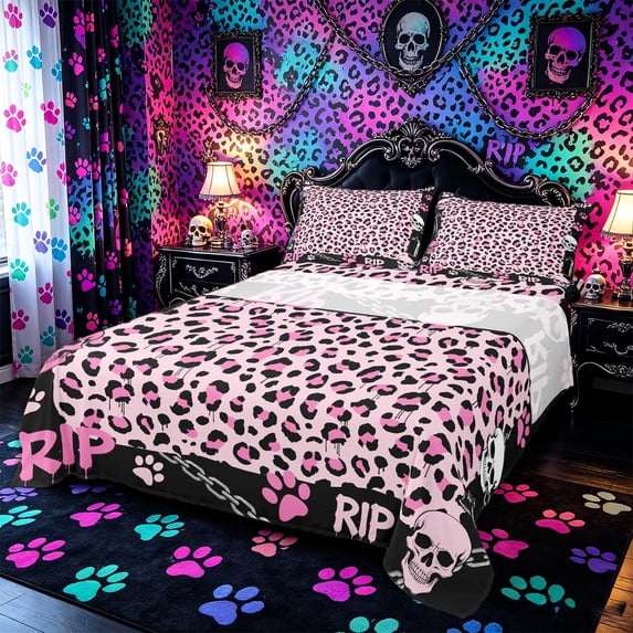 Castle Fairy Abstract Gothic Skull Queen Sheets 4 Pieces,Cute Leopard Chain Queen Sheet Sets,Pale Pink,1 Fitted Sheet,1 Flat Sheet and 2 Pillowcases