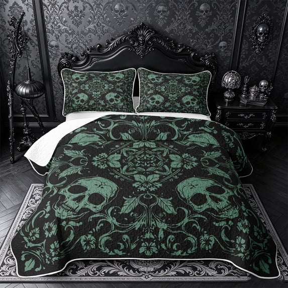 Castle Fairy Abstract Gothic Skull Quilt King,Boho Flower Damask King Coverlet Set,Black Sage