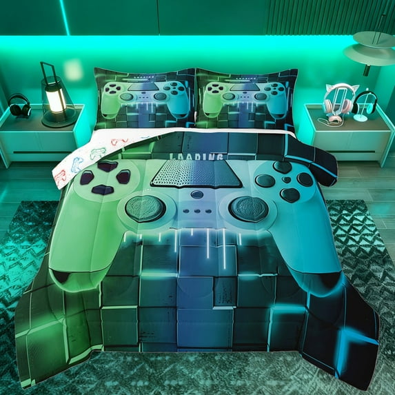 Castle Fairy Abstract Gradient Gamer Bedding Comforter Set 2pcs for Children Teens,Geometric Plaid Twin Comforter Sets Microfiber,Futuristic Cubes Gamepads Breathable Bedding Set