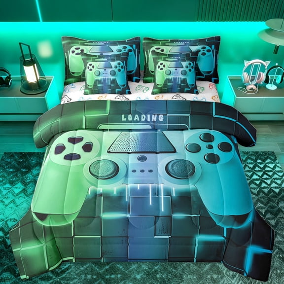 Castle Fairy Abstract Gradient Gamer Bedding Comforter Set 7 Pieces for Children Teens,Geometric Plaid Full Bedding Set Lightweight,Futuristic Cubes Gamepads Fitted Sheet Flat Sheet