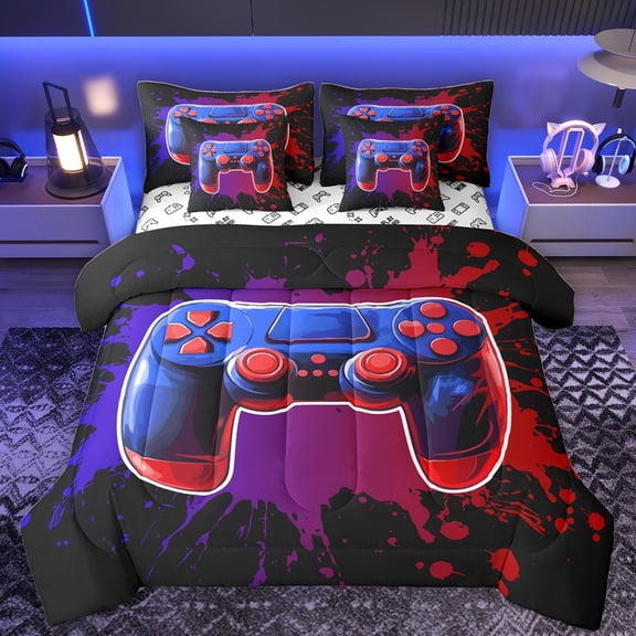Castle Fairy Abstract Gradient Gamer Twin Bedding Sets 7-Piece for Female Men,Graffiti Splash Bedding Comforter Set Microfiber,Video Game Breathable Sheet Sets,Breathable Home Decor,Reversible