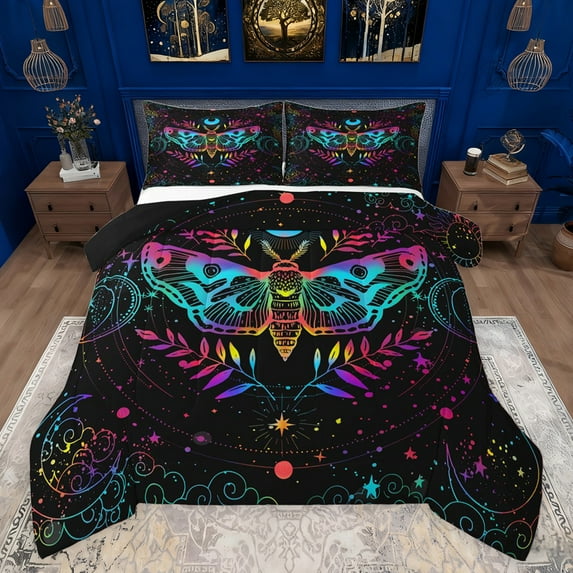 Castle Fairy Abstract Gradient Moth Bedding Comforter Set 2pcs for Teenagers Boys Girls,Vintage Bohemian Hippie Twin Comforter Sets Microfiber,Ombre Glitter Moon Starry Sky Breathable Bedding Set