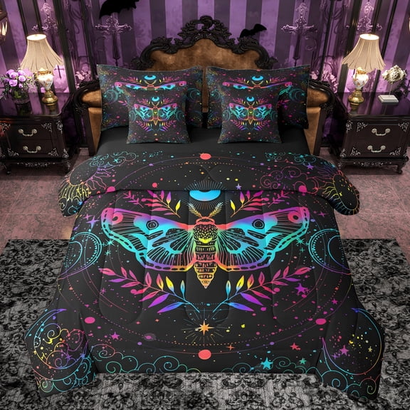 Castle Fairy Abstract Gradient Moth Bedding Comforter Set 7-Piece for Teenagers Boys Girls,Vintage Bohemian Hippie Theme King Bedding Sets,Ombre Glitter Moon Starry Sky Ultra Soft Bed Sheets